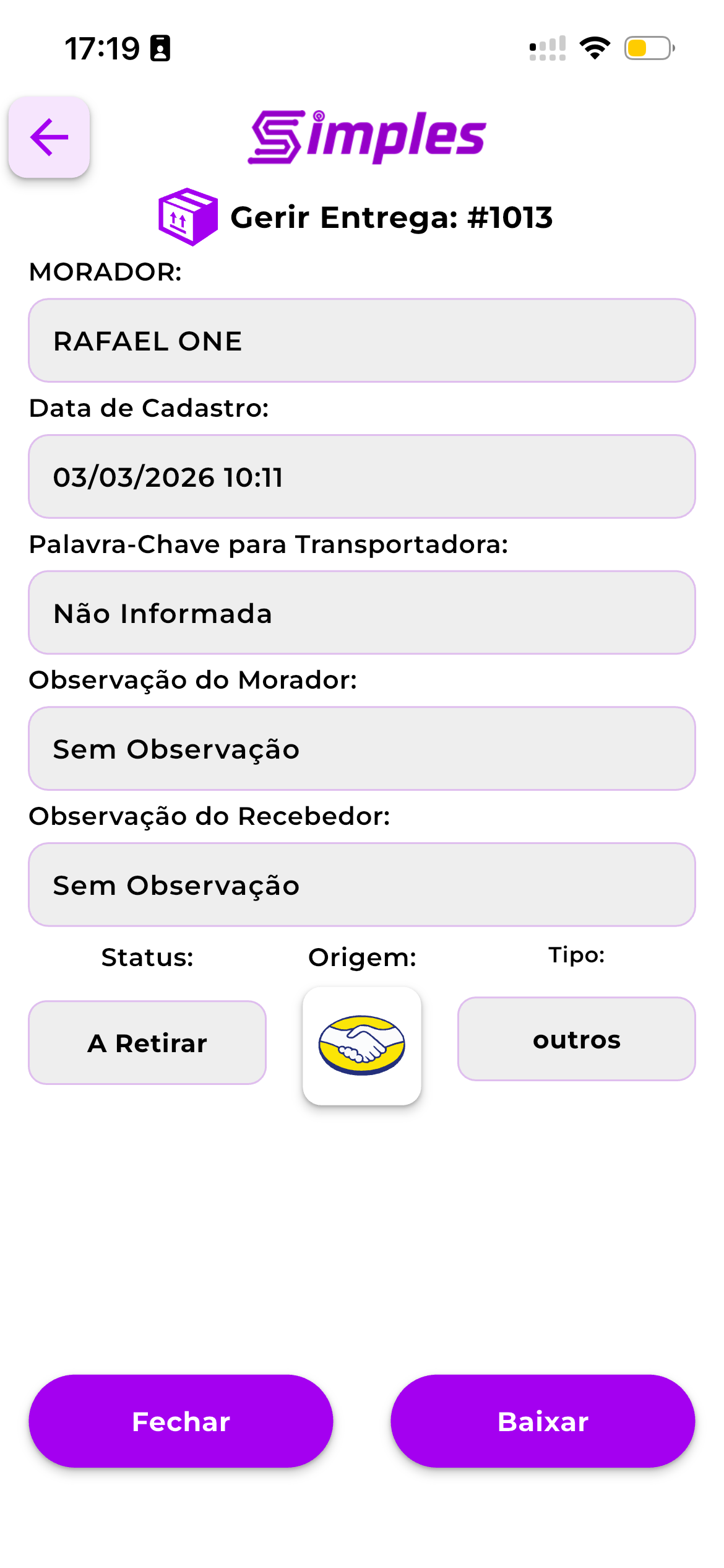 Tela Gerir Entrega no App Simples — registro completo de cada encomenda