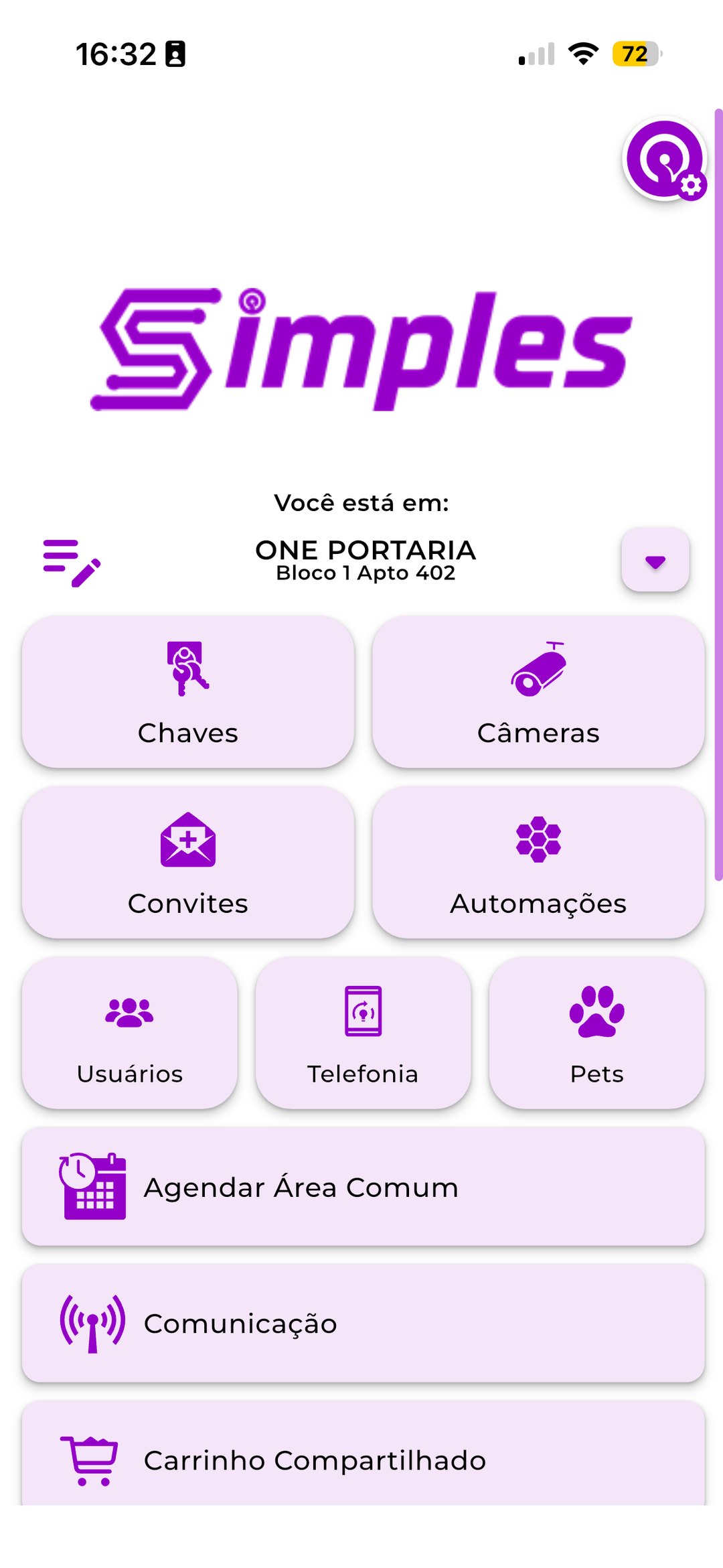 Home do App Simples — Chaves, Câmeras, Convites, Automações