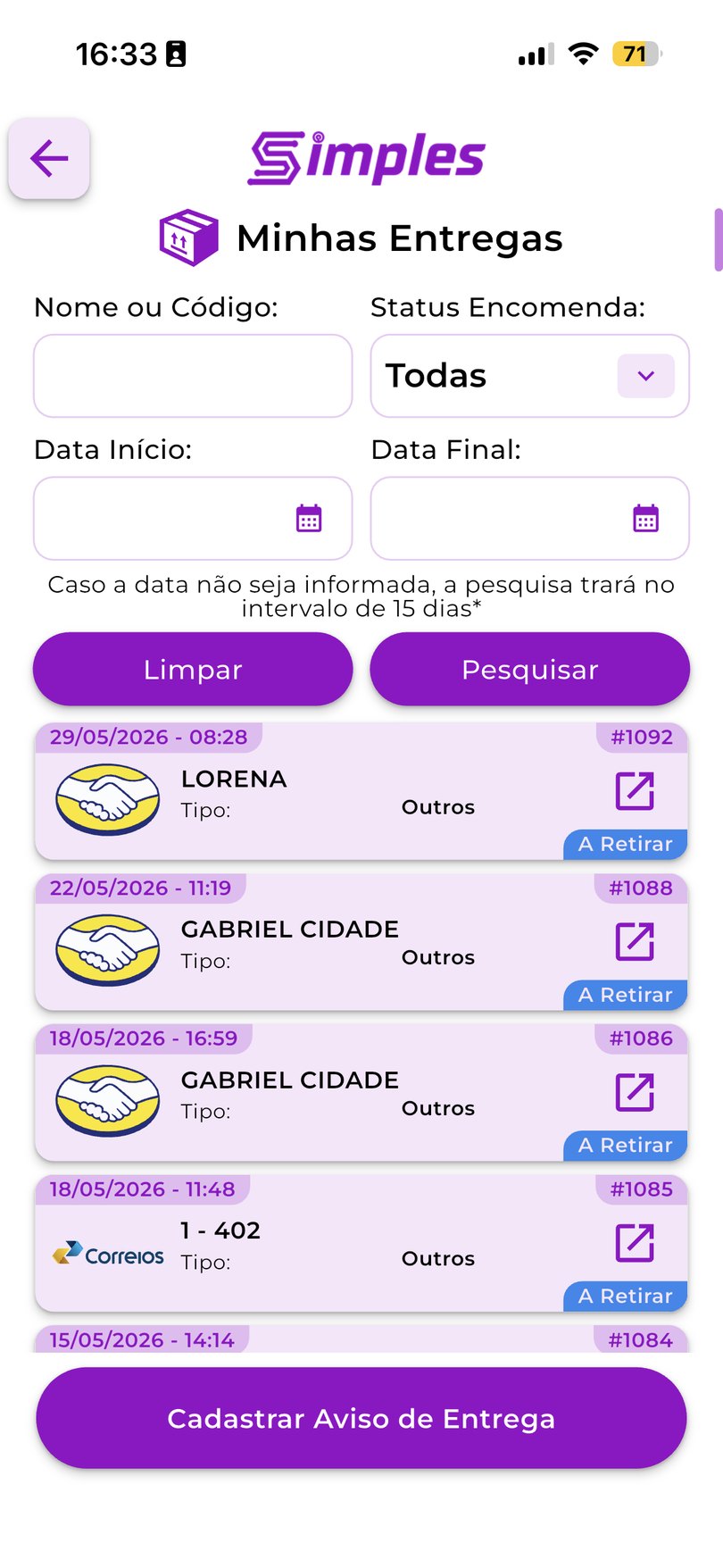 Lista de encomendas no App Simples — Minhas Entregas