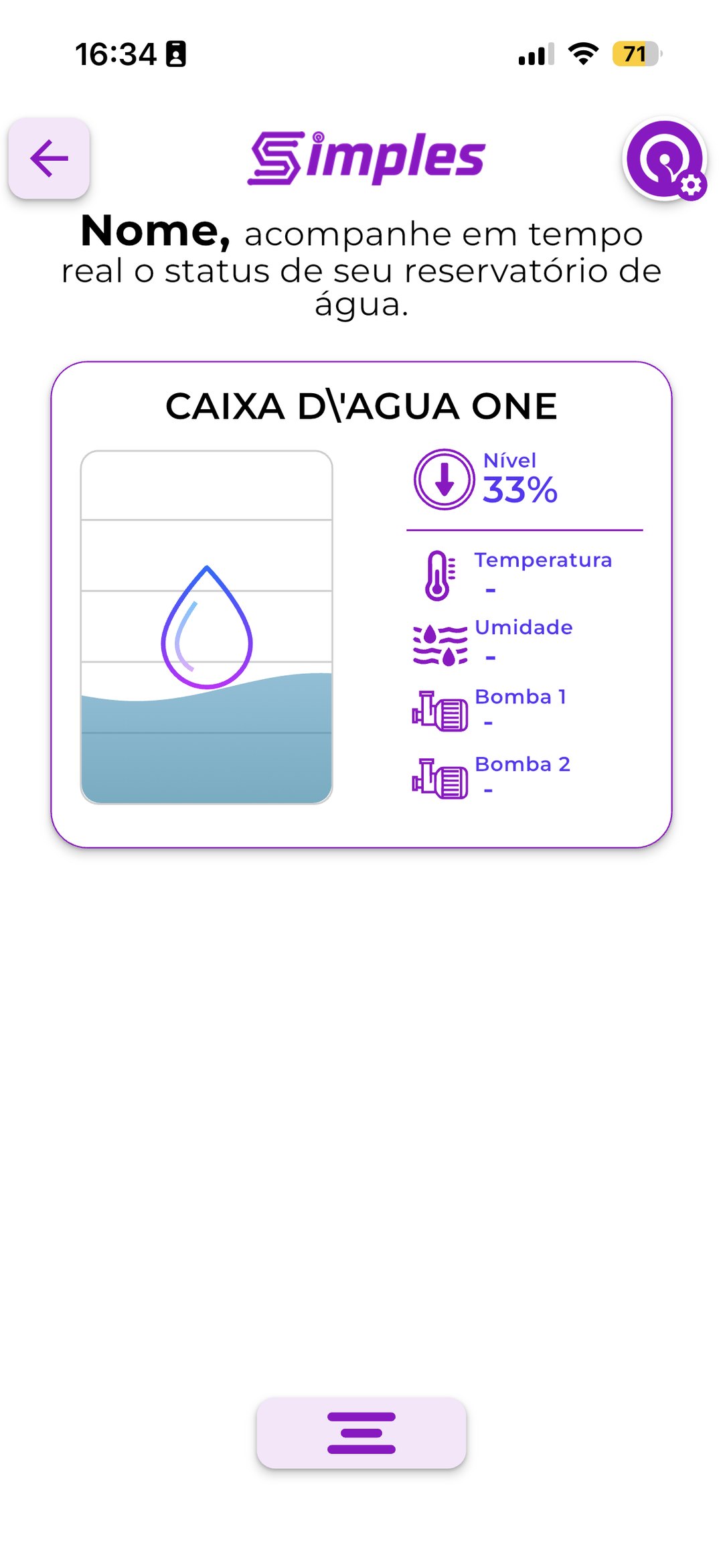 Painel de caixa d'água no App Simples — nível, temperatura, bombas